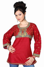 Maroon art silk kurti tunic shown draped on a model