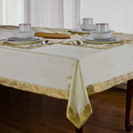 Cream sari tablecloth laid on a dining table