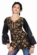 Black sari kurti tunic shown draped on a model