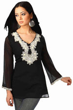 Black art silk kurti tunic shown draped on a model