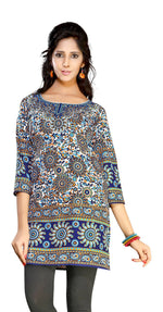 Dark blue sari kurti tunic shown draped on a model