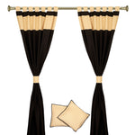 Black raw silk curtain and cushion cover set shown together