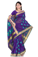 Blue art silk sari shown draped on a model