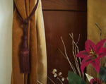 Brown sari curtain tiebacks holding a panel open