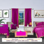 Violet sari rod pocket curtains hung at a window