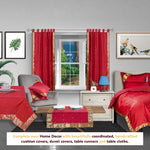 Fire brick sari tab top curtains hung at a window