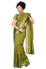 Olive green art silk sari shown draped on a model