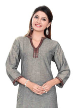 Gray sari kurti tunic shown draped on a model