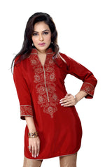 Rust poly crepe kurti tunic shown draped on a model
