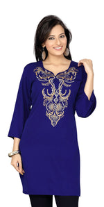 Navy blue poly crepe kurti tunic shown draped on a model