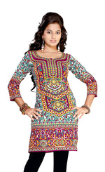 Purple sari kurti tunic shown draped on a model