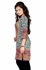 Purple sari kurti tunic shown draped on a model