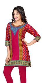 Pink sari kurti tunic shown draped on a model