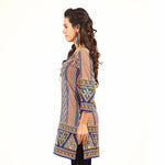 Blue sari kurti tunic shown draped on a model