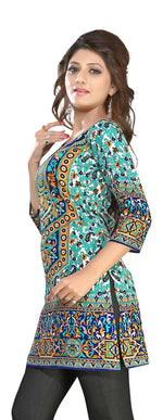 Turquoise sari kurti tunic shown draped on a model