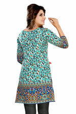 Turquoise sari kurti tunic shown draped on a model