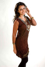 Brown poly crepe kurti tunic shown draped on a model