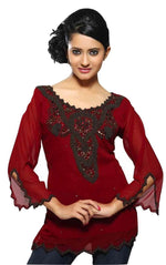 Maroon georgette kurti tunic shown draped on a model