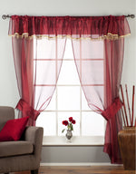 Maroon sheer tissue rod pocket curtains hung at a window