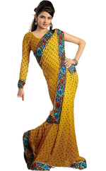 Yellow georgette sari shown draped on a model