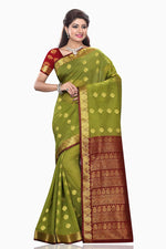 Maroon art silk sari shown draped on a model
