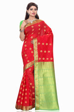 Red art silk sari shown draped on a model