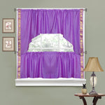 Lavender sari curtains hung at a window