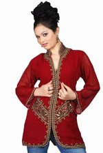 Burgundy georgette kurti tunic shown draped on a model