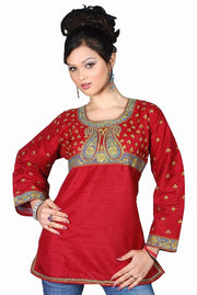 Maroon art silk kurti tunic shown draped on a model