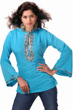 Blue sari kurti tunic shown draped on a model