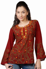 Burgundy georgette kurti tunic shown draped on a model