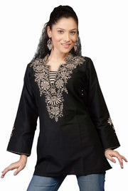 Black sari kurti tunic shown draped on a model