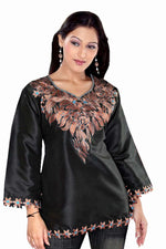 Black art silk kurti tunic shown draped on a model