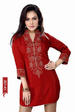 Rust poly crepe kurti tunic shown draped on a model