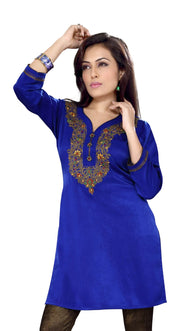 Royal blue velvet kurti tunic shown draped on a model