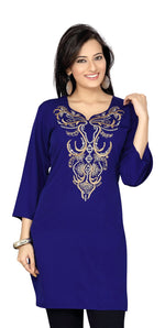 Navy blue poly crepe kurti tunic shown draped on a model