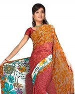 Georgette sari shown draped on a model