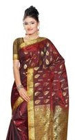 Maroon art silk sari shown draped on a model