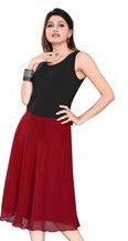 Maroon georgette pleated skirt shown draped on a model