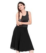 Black georgette pleated skirt shown draped on a model