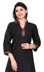 Black sari kurti tunic shown draped on a model