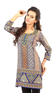 Blue sari kurti tunic shown draped on a model