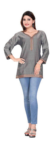 Gray sari kurti tunic shown draped on a model
