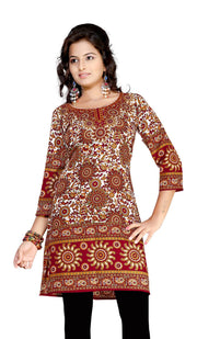 Maroon sari kurti tunic shown draped on a model