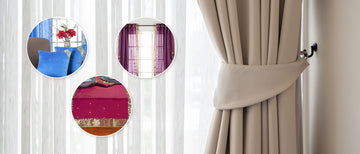 Beige curtain panels hanging on a window with a tie-back, shown alongside three circular inset photos displaying other curtain color and style options.