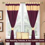 Maroon raw silk curtain and cushion cover set shown together