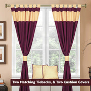 Maroon raw silk curtain and cushion cover set shown together