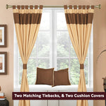 Brown raw silk curtain and cushion cover set shown together