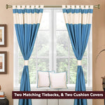 Turquoise raw silk curtain and cushion cover set shown together
