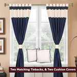 Cream raw silk curtain and cushion cover set shown together